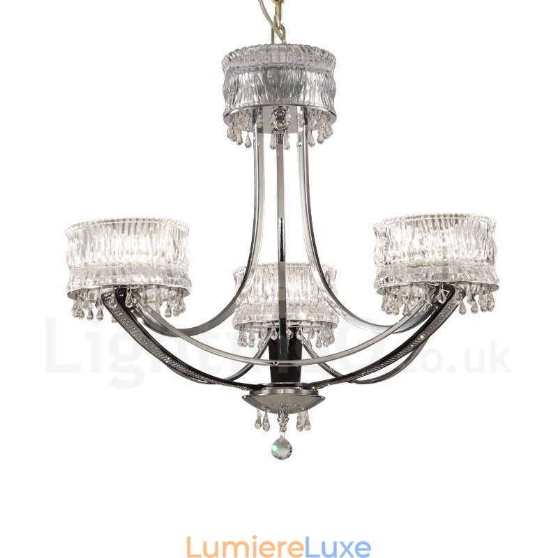 Lustre contemporain moderne à 3 lumières en acier avec abat-jour en cristal