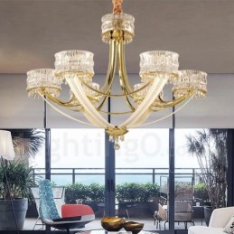 Lustre contemporain moderne en acier à 6 lumières avec abat-jour en cristal