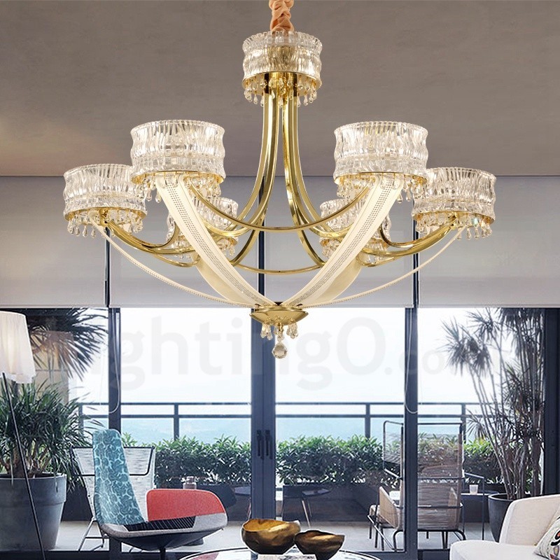Lustre contemporain moderne en acier à 6 lumières avec abat-jour en cristal