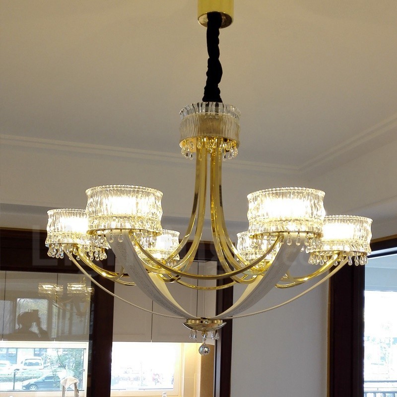 Lustre contemporain moderne en acier à 6 lumières avec abat-jour en cristal