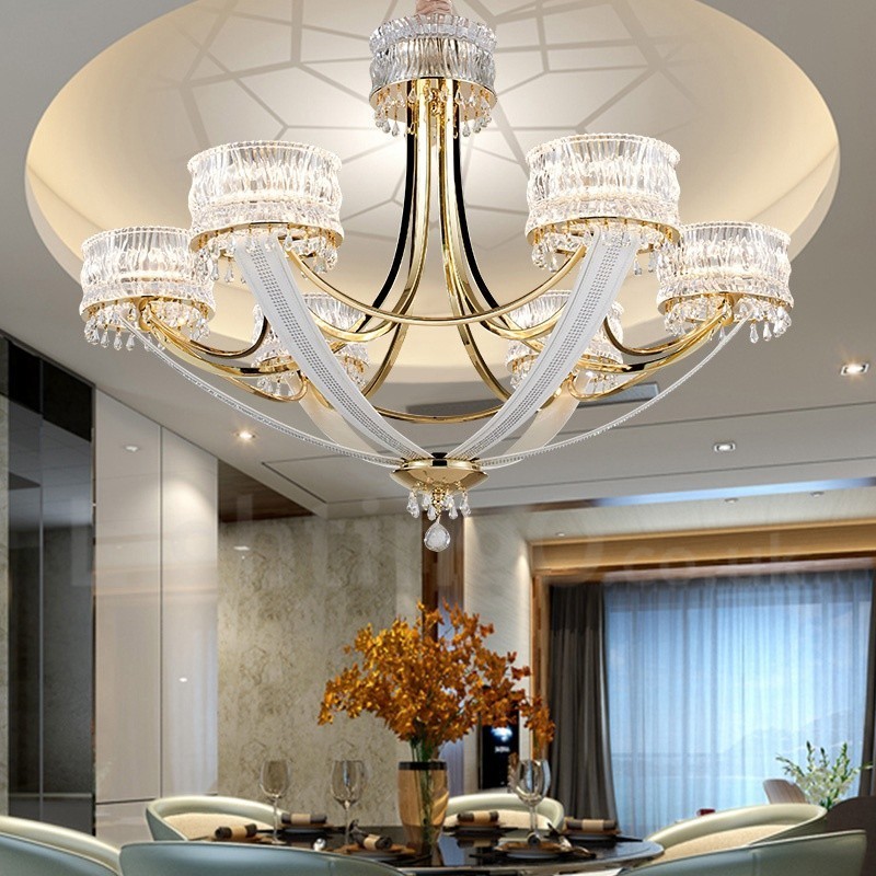 Lustre contemporain moderne en acier à 6 lumières avec abat-jour en cristal