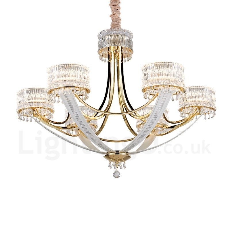 Lustre contemporain moderne en acier à 6 lumières avec abat-jour en cristal