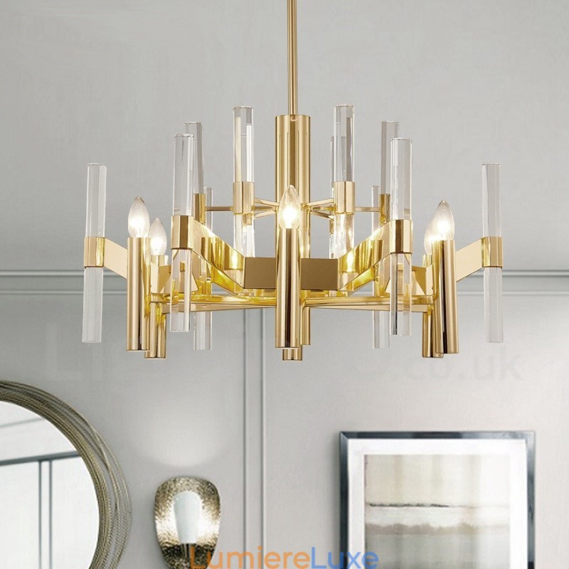 Lustre moderne contemporain en métal à 8 lumières avec abat-jour en cristal