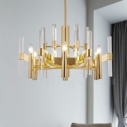 Lustre moderne contemporain en métal à 8 lumières avec abat-jour en cristal