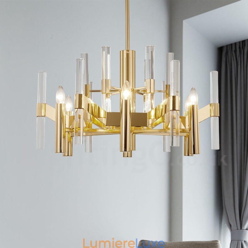 Lustre moderne contemporain en métal à 8 lumières avec abat-jour en cristal