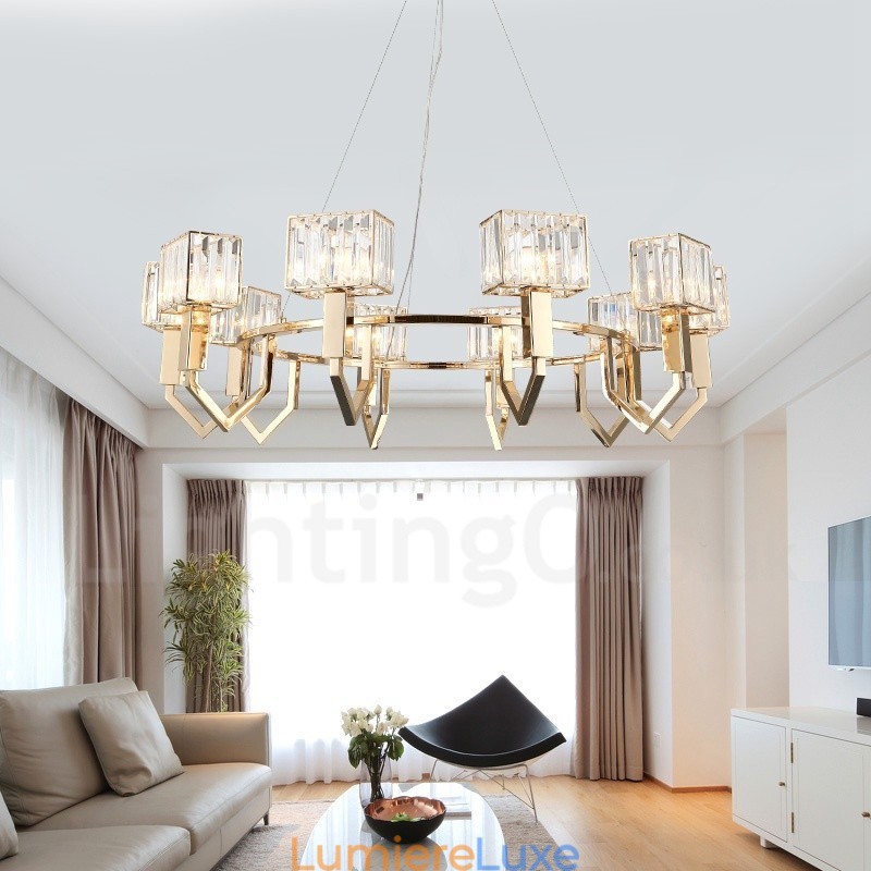 Suspension contemporaine moderne en acier à 10 lampes avec abat-jour en cristal