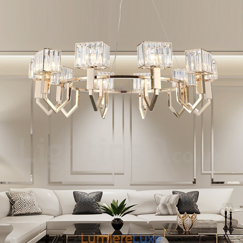 Suspension contemporaine moderne en acier à 10 lampes avec abat-jour en cristal