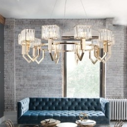 Suspension contemporaine moderne en acier à 10 lampes avec abat-jour en cristal