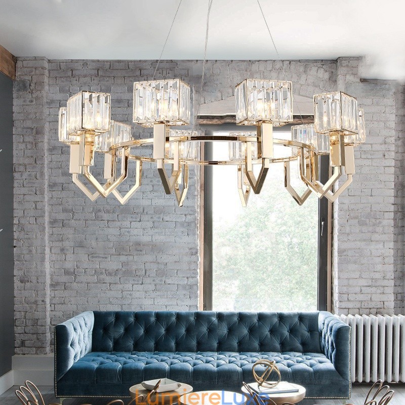 Suspension contemporaine moderne en acier à 10 lampes avec abat-jour en cristal