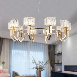Suspension contemporaine moderne en acier à 10 lampes avec abat-jour en cristal