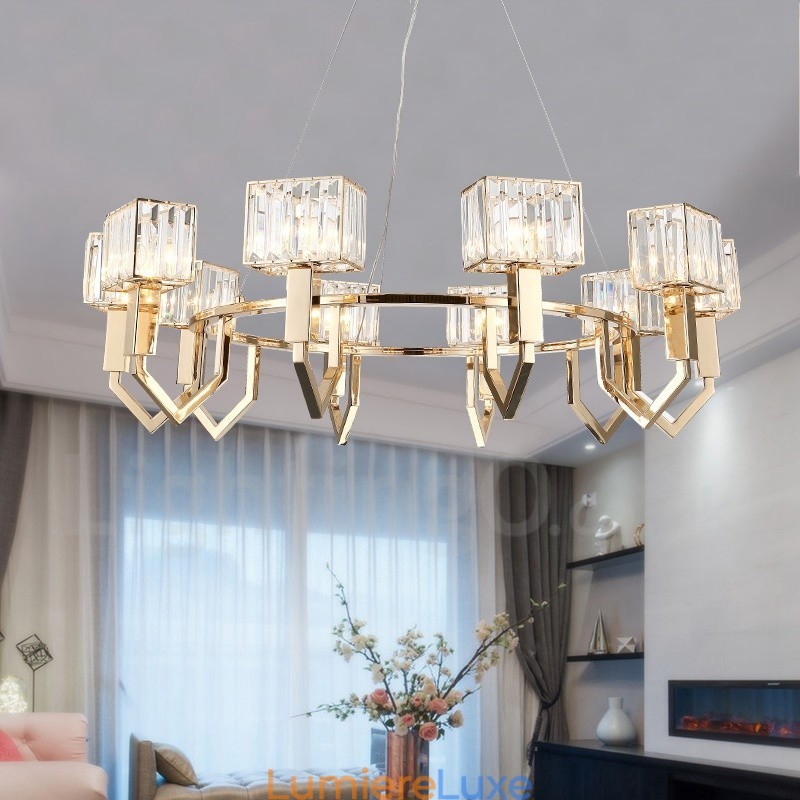 Suspension contemporaine moderne en acier à 10 lampes avec abat-jour en cristal