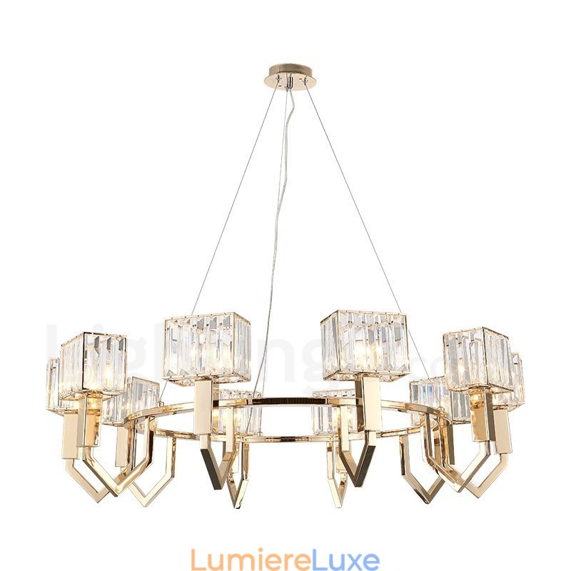 Suspension contemporaine moderne en acier à 10 lampes avec abat-jour en cristal