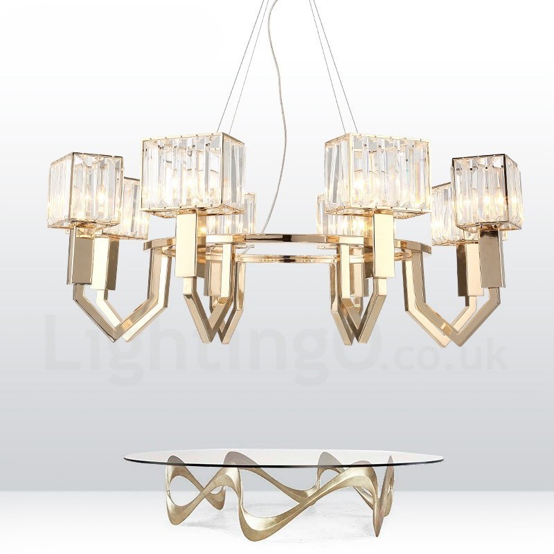 Suspension contemporaine moderne à 8 lampes en acier avec abat-jour en cristal