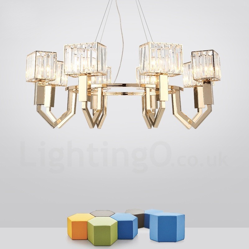 Suspension contemporaine moderne à 8 lampes en acier avec abat-jour en cristal