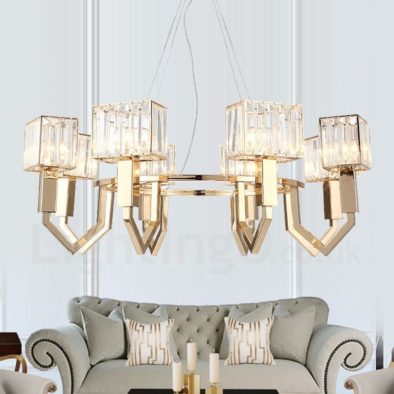 Suspension contemporaine moderne à 8 lampes en acier avec abat-jour en cristal
