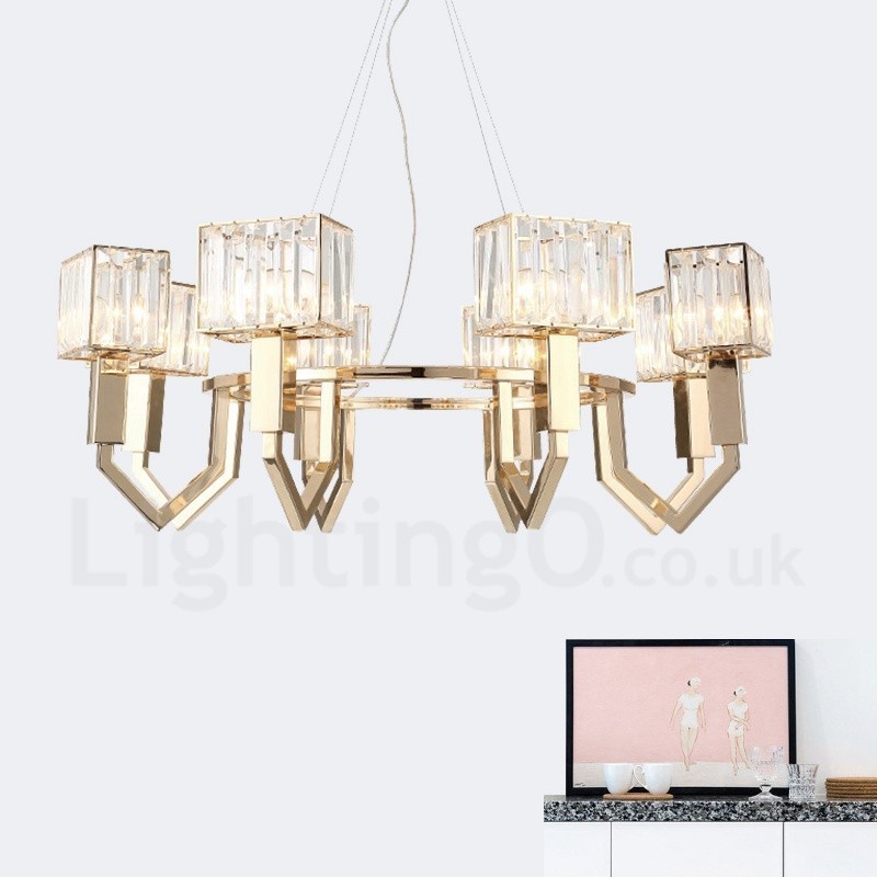 Suspension contemporaine moderne à 8 lampes en acier avec abat-jour en cristal