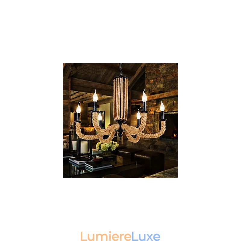 Lustre rétro en corde et lampe en fer