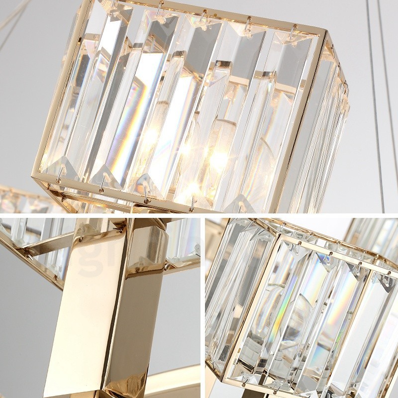 Suspension contemporaine moderne à 8 lampes en acier avec abat-jour en cristal