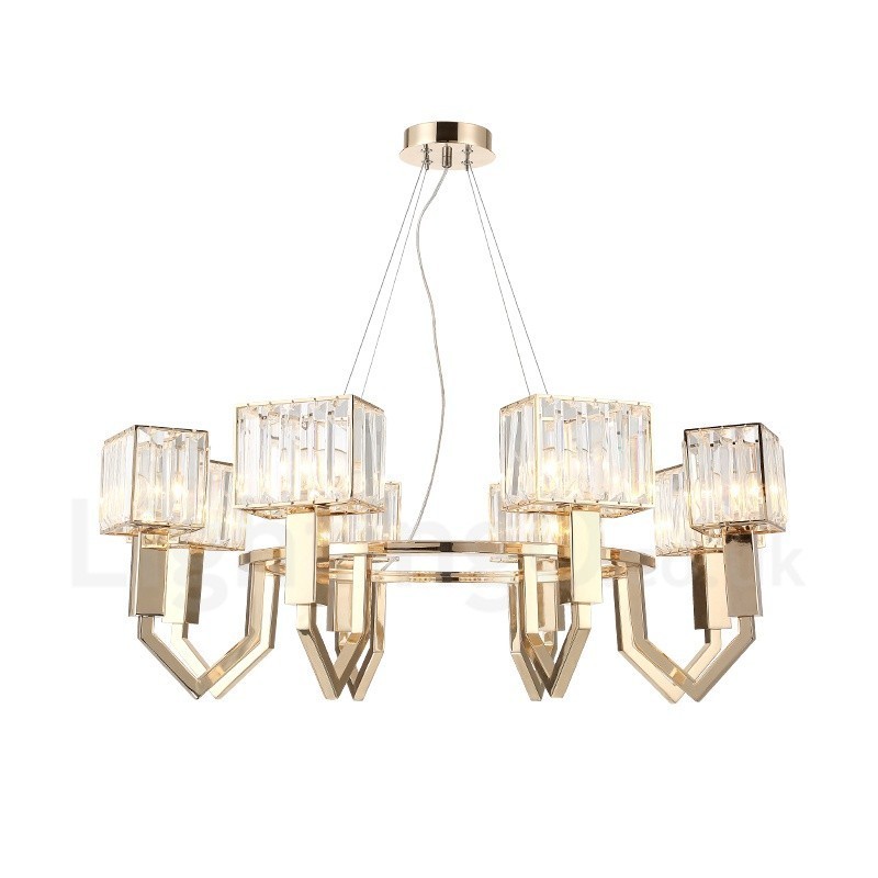 Suspension contemporaine moderne à 8 lampes en acier avec abat-jour en cristal
