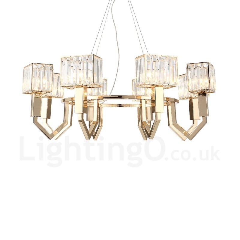 Suspension contemporaine moderne à 8 lampes en acier avec abat-jour en cristal