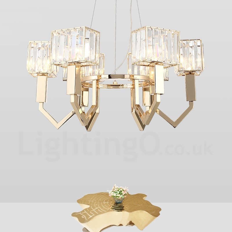 Suspension contemporaine moderne à 6 lampes en acier avec abat-jour en cristal