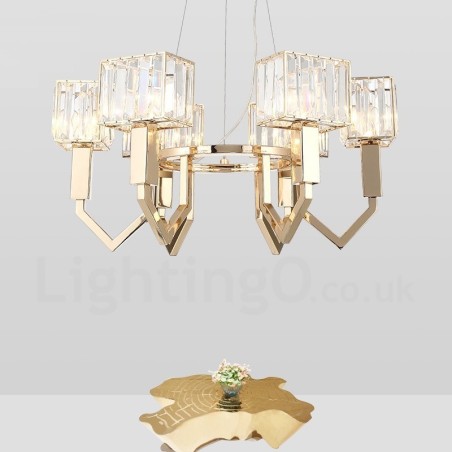 Suspension contemporaine moderne à 6 lampes en acier avec abat-jour en cristal Suspension contemporaine moderne à 6 lampes en acier avec abat-jour en cristal