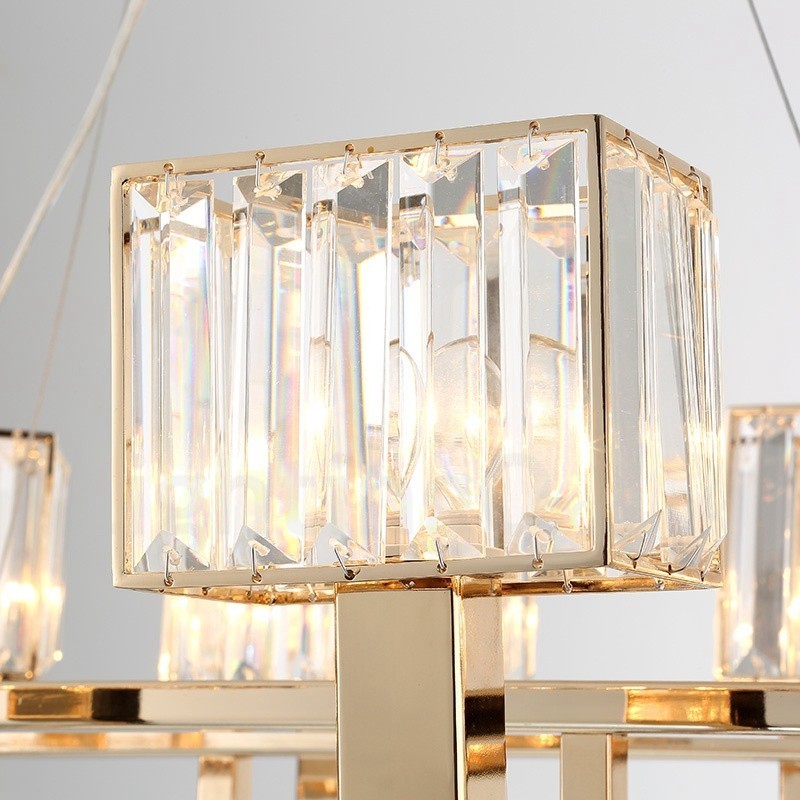 Suspension contemporaine moderne à 6 lampes en acier avec abat-jour en cristal