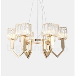 Suspension contemporaine moderne à 6 lampes en acier avec abat-jour en cristal
