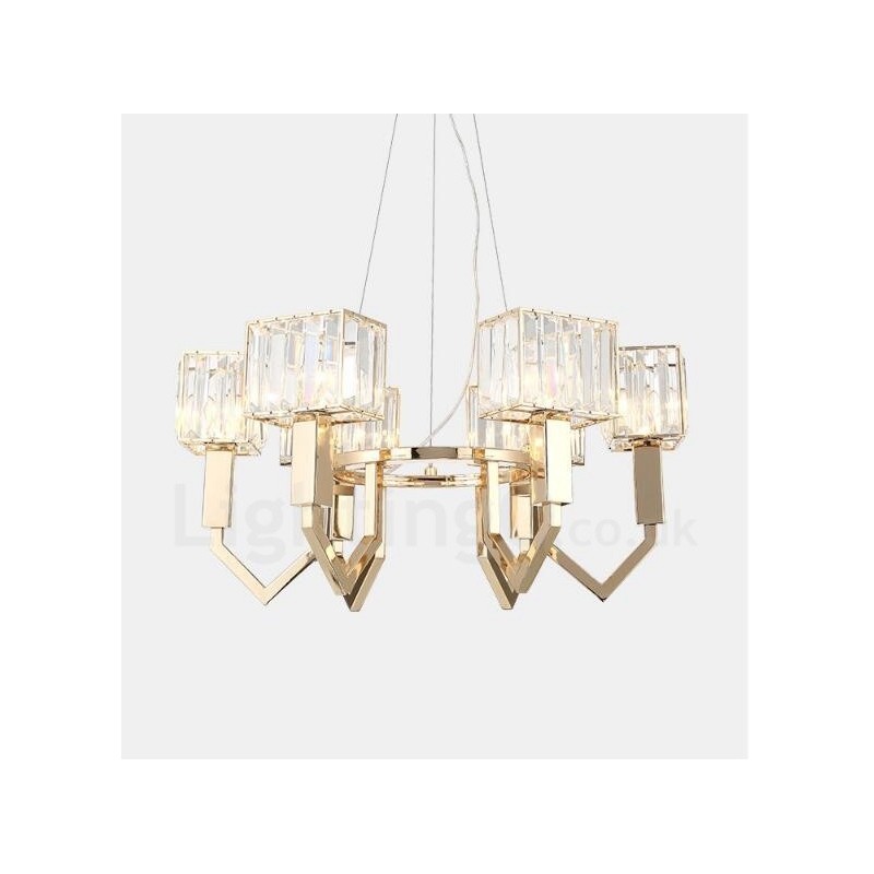 Suspension contemporaine moderne à 6 lampes en acier avec abat-jour en cristal