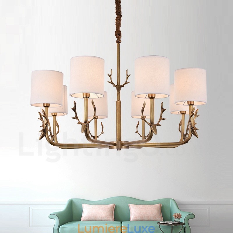Lustre rustique Lodge à 8 lumières en laiton avec abat-jour en tissu