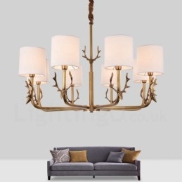 Lustre rustique Lodge à 8 lumières en laiton avec abat-jour en tissu