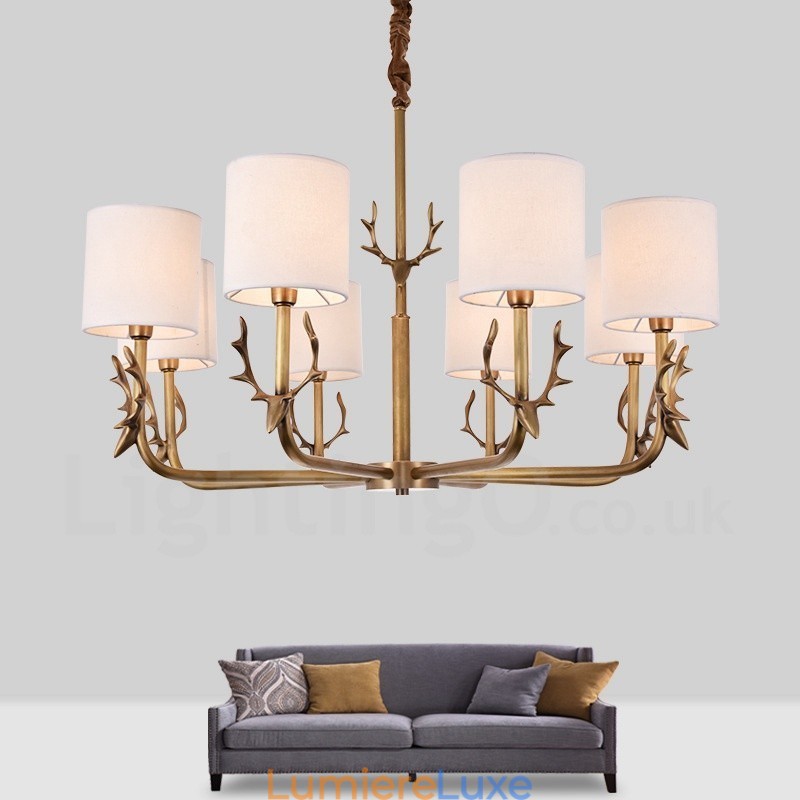 Lustre rustique Lodge à 8 lumières en laiton avec abat-jour en tissu