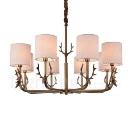 Lustre rustique Lodge à 8 lumières en laiton avec abat-jour en tissu