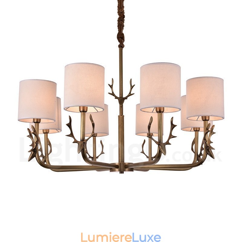 Lustre rustique Lodge à 8 lumières en laiton avec abat-jour en tissu