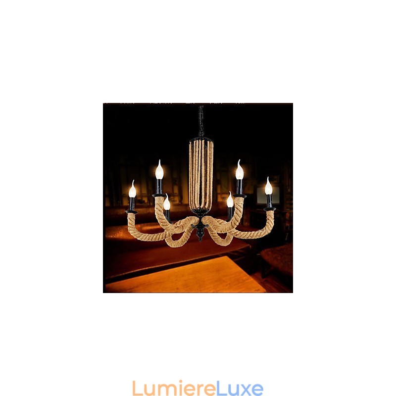 Lustre rétro en corde et lampe en fer