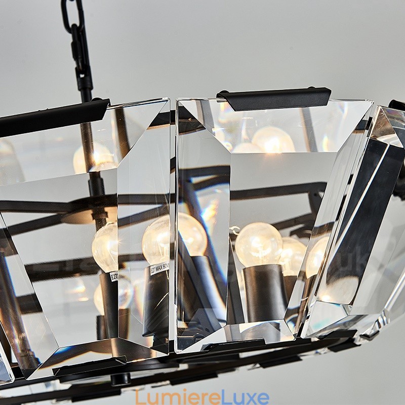 Suspension contemporaine moderne à 8 lampes en acier avec abat-jour en cristal
