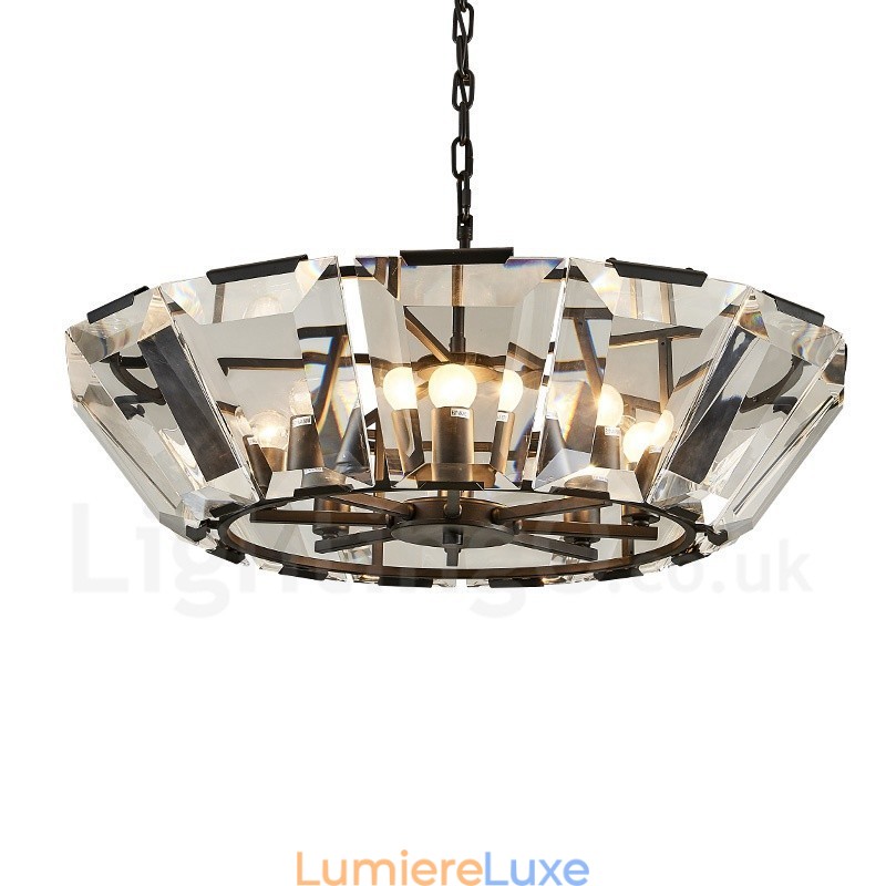 Suspension contemporaine moderne à 8 lampes en acier avec abat-jour en cristal