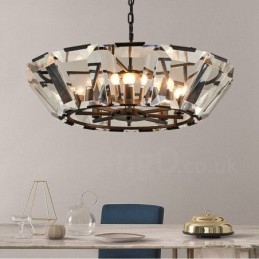 Suspension contemporaine moderne à 8 lampes en acier avec abat-jour en cristal