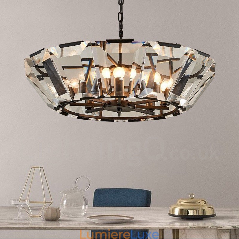 Suspension contemporaine moderne à 8 lampes en acier avec abat-jour en cristal