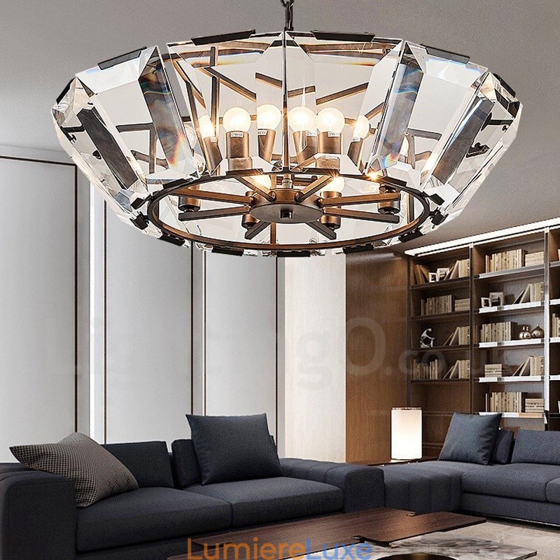Suspension contemporaine moderne à 8 lampes en acier avec abat-jour en cristal