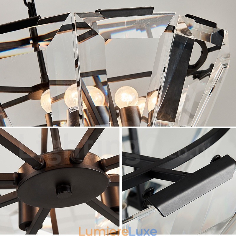 Suspension contemporaine moderne à 8 lampes en acier avec abat-jour en cristal