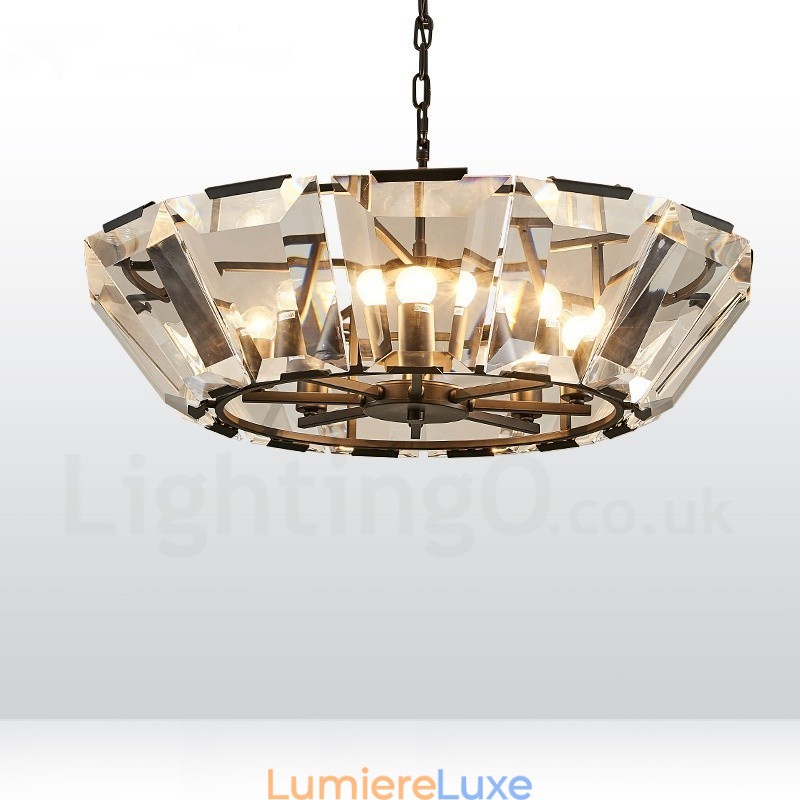 Suspension contemporaine moderne à 8 lampes en acier avec abat-jour en cristal