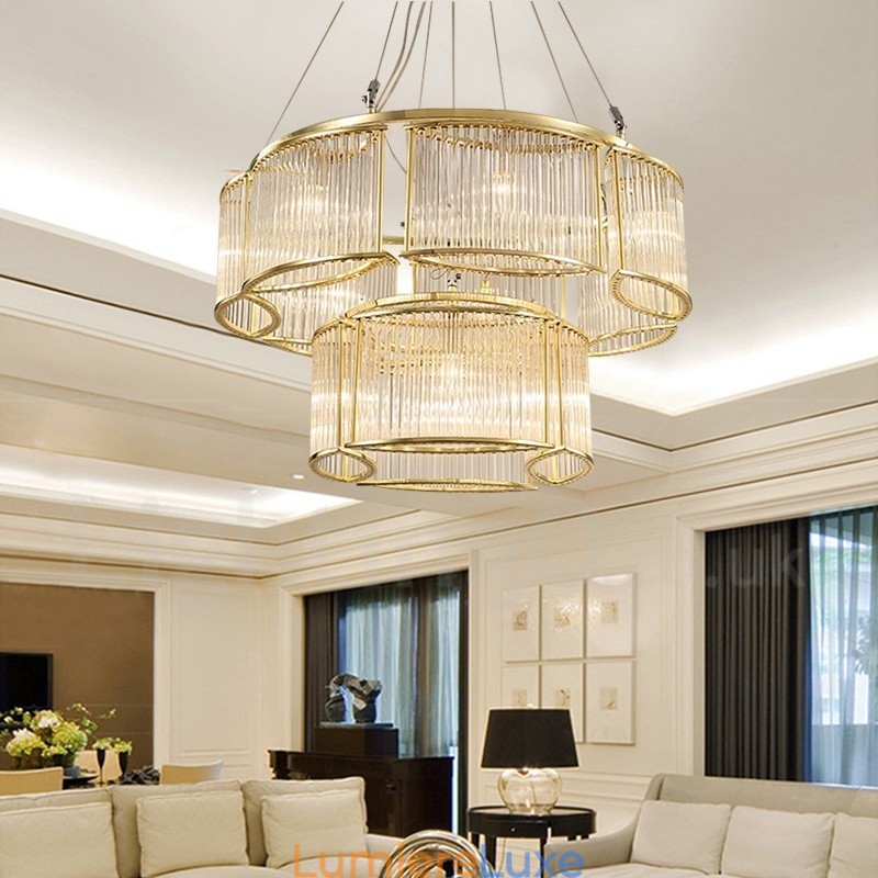 Suspension contemporaine moderne en acier à 11 lampes avec abat-jour en cristal