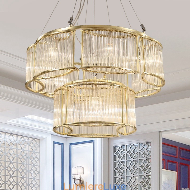 Suspension contemporaine moderne en acier à 11 lampes avec abat-jour en cristal