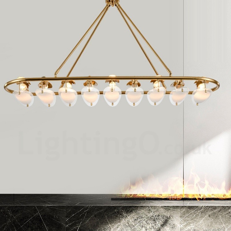 Suspension contemporaine moderne à 9 lampes en laiton avec abat-jour en verre
