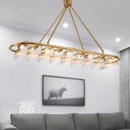 Suspension contemporaine moderne à 9 lampes en laiton avec abat-jour en verre