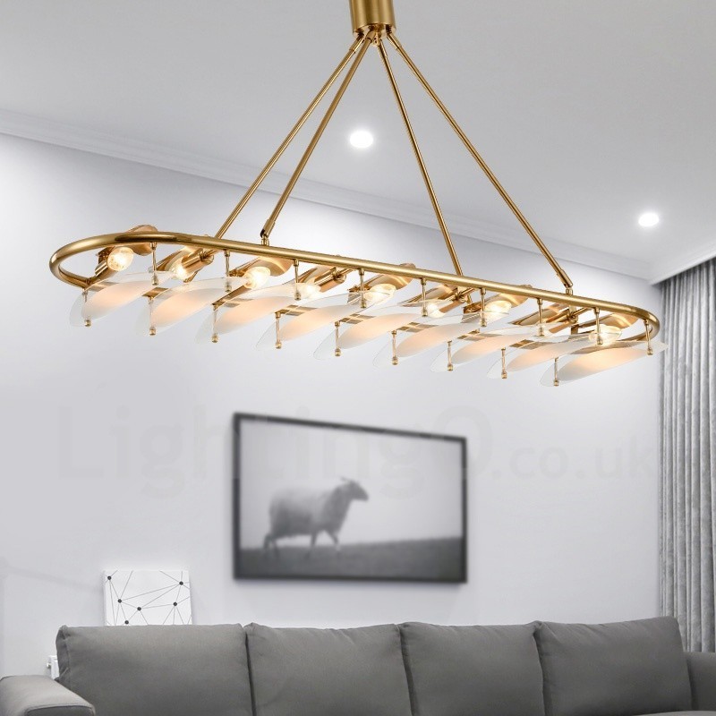 Suspension contemporaine moderne à 9 lampes en laiton avec abat-jour en verre