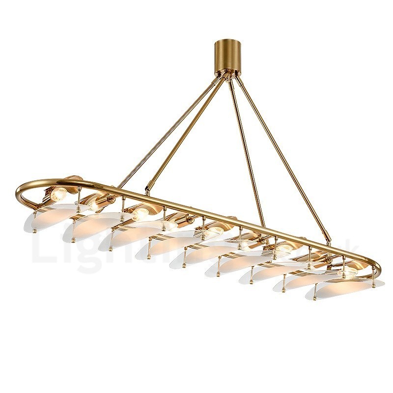 Suspension contemporaine moderne à 9 lampes en laiton avec abat-jour en verre