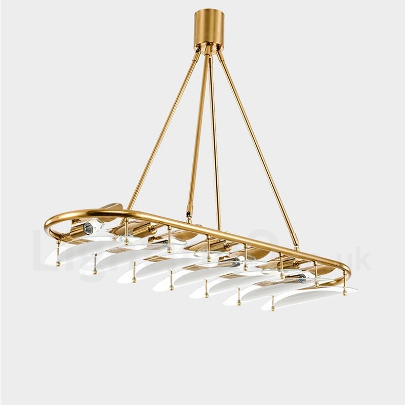 Suspension contemporaine moderne à 9 lampes en laiton avec abat-jour en verre