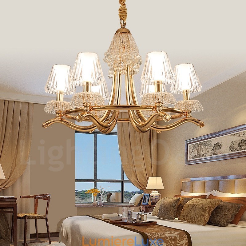 Lustre contemporain moderne à 6 lumières en acier cristal avec abat-jour en acrylique